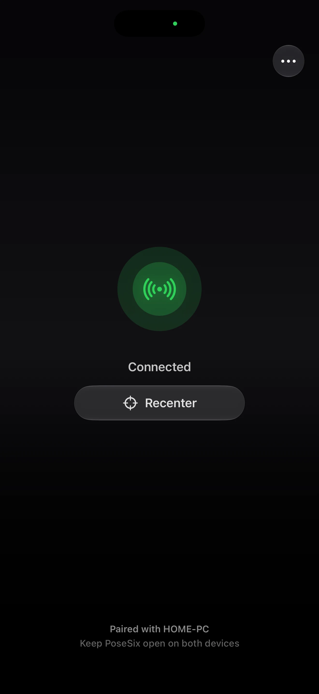 PoseSix on iPhone showing an active connection, Recenter control, and paired Windows PC
